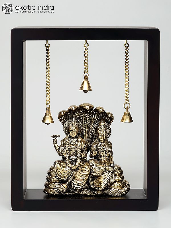 10" Superfine Lakshmi-Narayan (Vishnu-Lakshmi) Seated on Sheshnag | Wood Framed Brass Sculpture | Wall Hanging