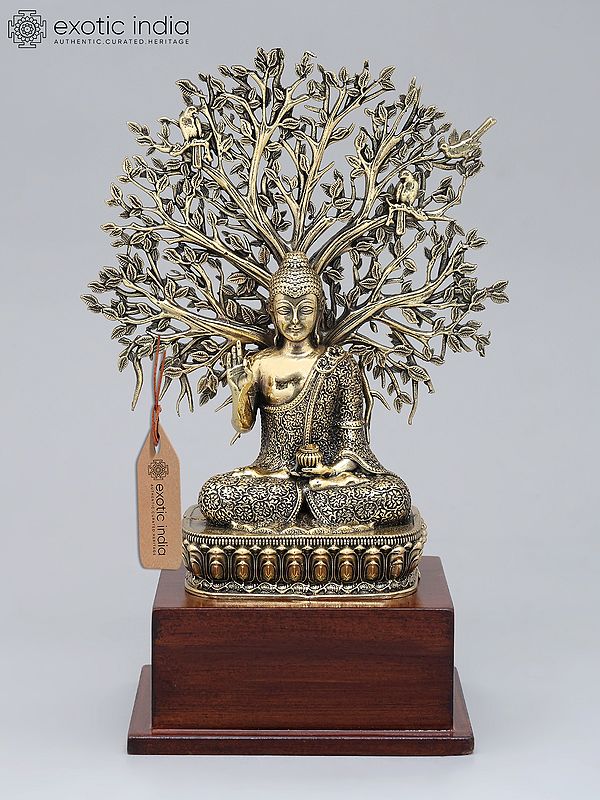 8" Superfine Lord Buddha Seated Under The Bodhi Tree on Wood Base | Brass Statue
