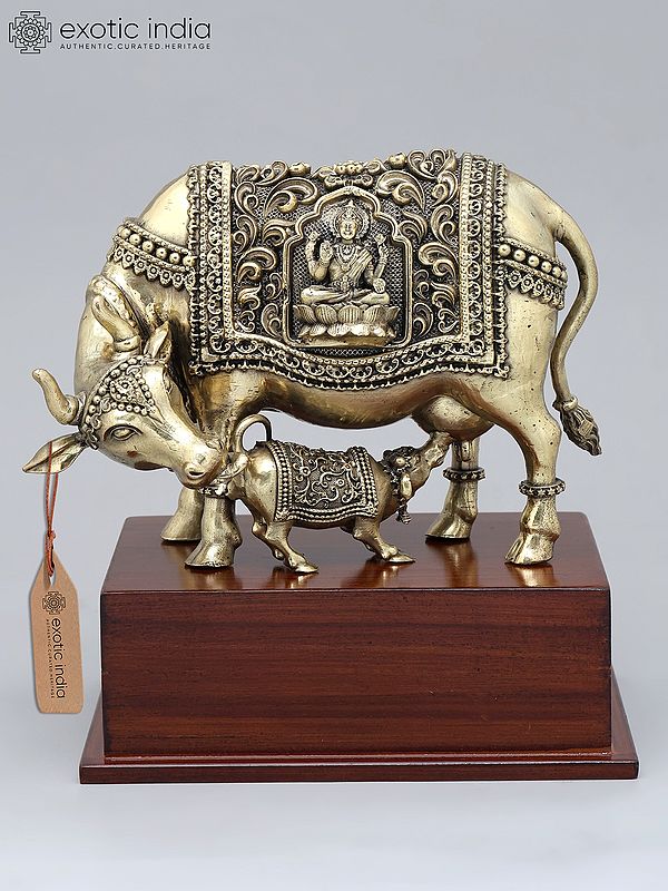 7" Superfine Cow and Calf on Wood Base | Brass Idol