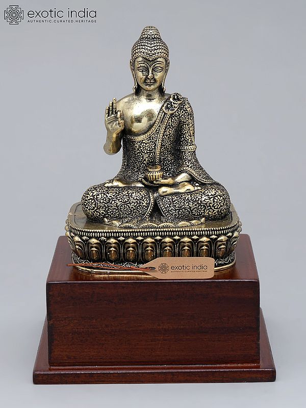 6" Small Superfine Lord Buddha Seated in Vitark Mudra on Wood Base | Brass Statue