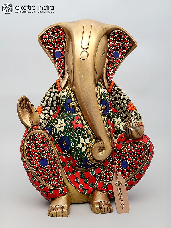 11" Stylized Blessing Ganesha | Brass Statue with Inlay Work