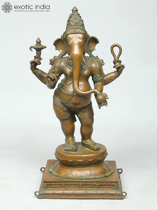 26" Standing Four Armed Lord Ganesha | Madhuchista Vidhana (Lost-Wax) | Panchaloha Bronze from Swamimalai