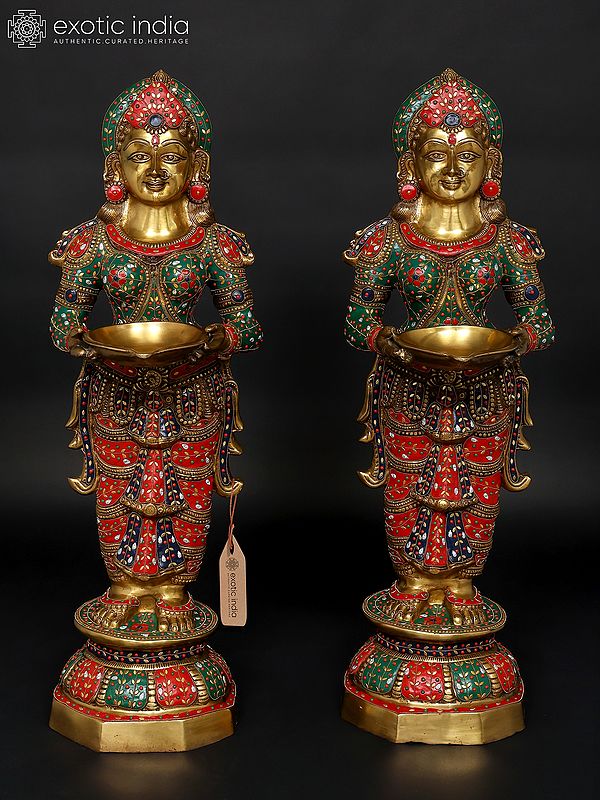 36" Large Standing Deep Lakshmi Pair | Brass Statues with Inlay Work