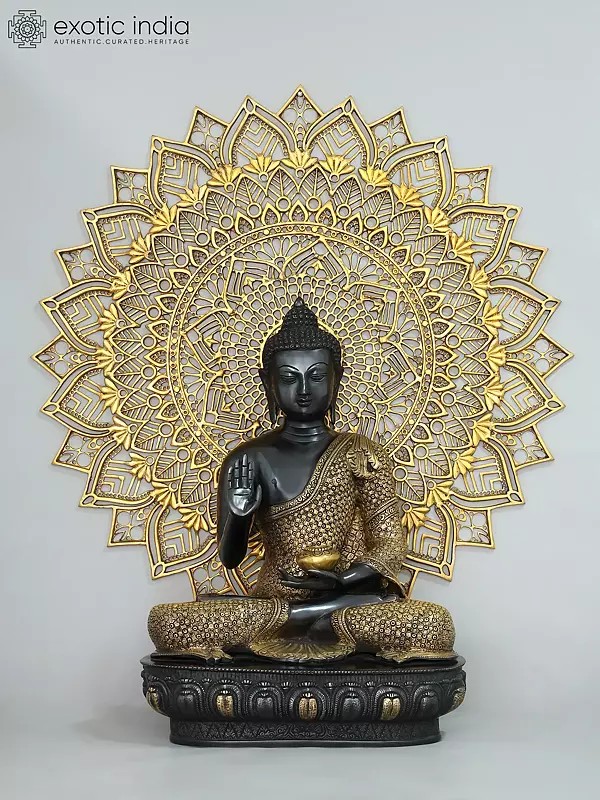33" Large Blessing Lord Buddha with Mandala Backdrop | Brass Statue