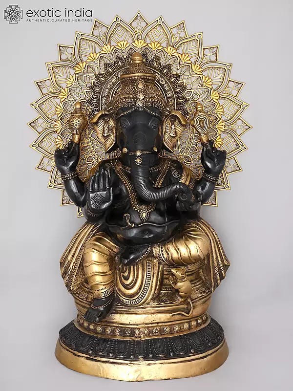 40" Large Four Armed Blessing Lord Ganesha with Mandala Backdrop | Brass Statue