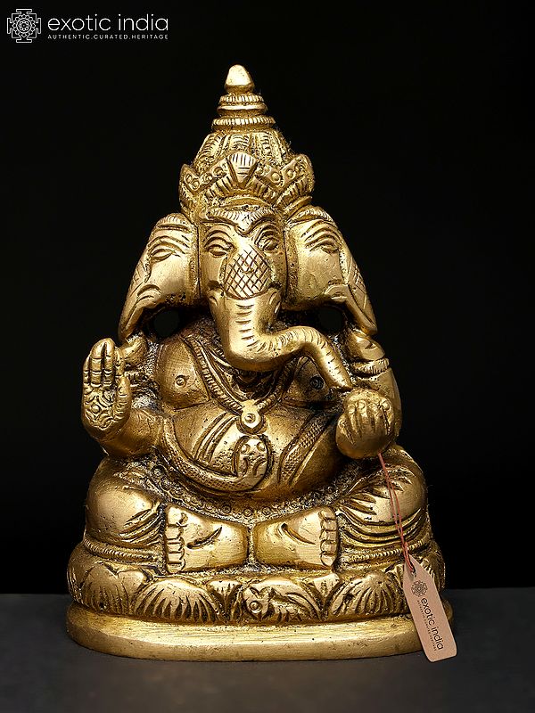 4" Three Headed Ganesha Brass Sculpture | Handmade | Made in India