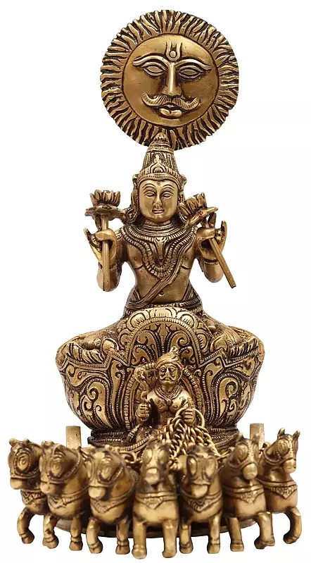 12" Lord Surya Statue on His Seven Horses Chariot in Brass | Handmade | Made in India