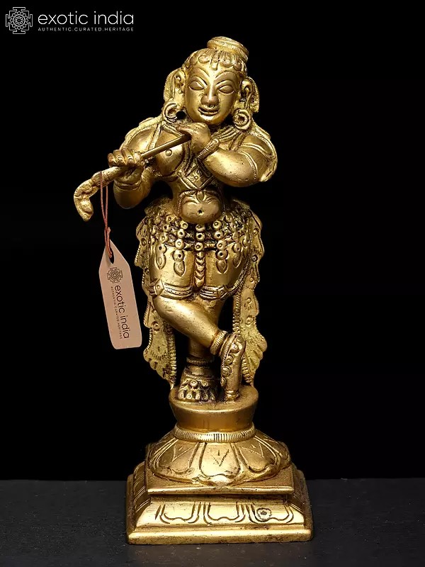 7" Lord Krishna with Choti Playing on Flute In Brass | Handmade | Made In India