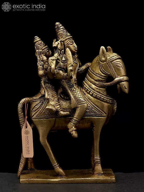 5" Small Shiva-Parvati Astride A Horse | Handmade Brass Idol | Made In India