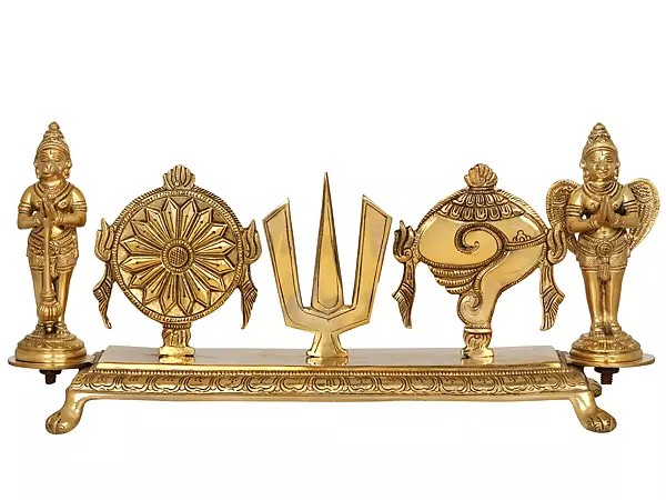 7" Brass Fine Vaishnava Symbols with Hanuman and Garuda Standing on Each Side