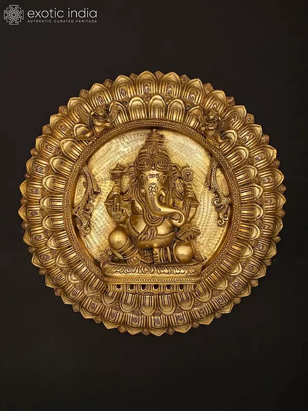 10" Lord Ganesha Wall Hanging Lotus Plate In Brass