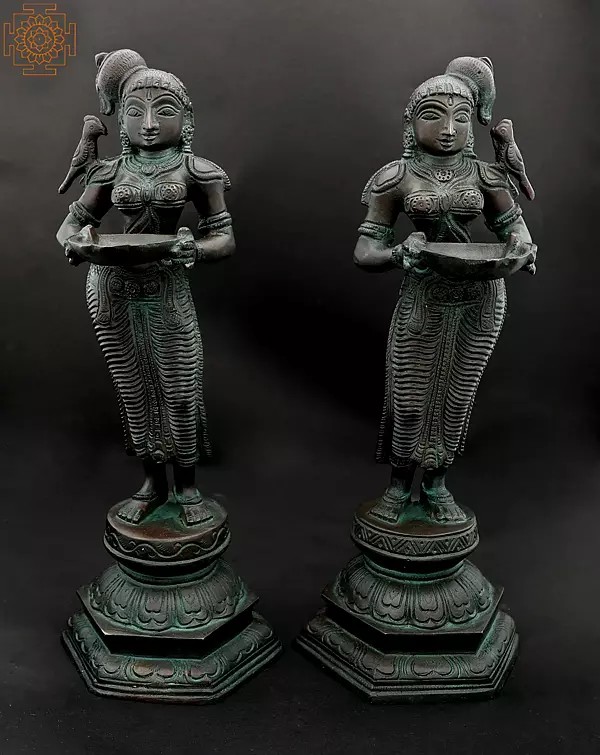 12" Pair of Deepalakshmis with Parrots Perched Upon The Shoulder | Handmade Brass Statue