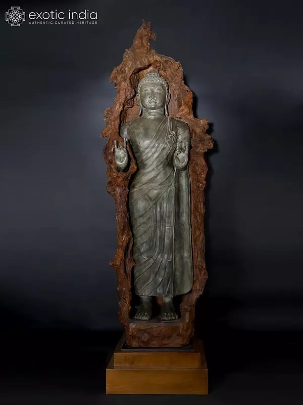 92" Super Large Size Standing Lord Buddha in Karana Mudra Encased in Natural Wood | Balinese Brass Sculpture