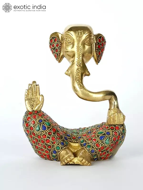 5" Small Stylized Lord Ganesha | Brass Statue with Inlay Work