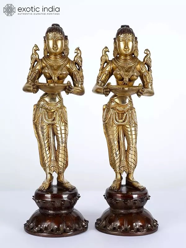 14" Brass Pair of Deep Lakshmi Statues