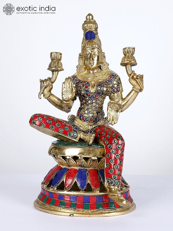12" Goddess Lakshmi Seated in Lalitasana | Brass Statue with Inaly Work