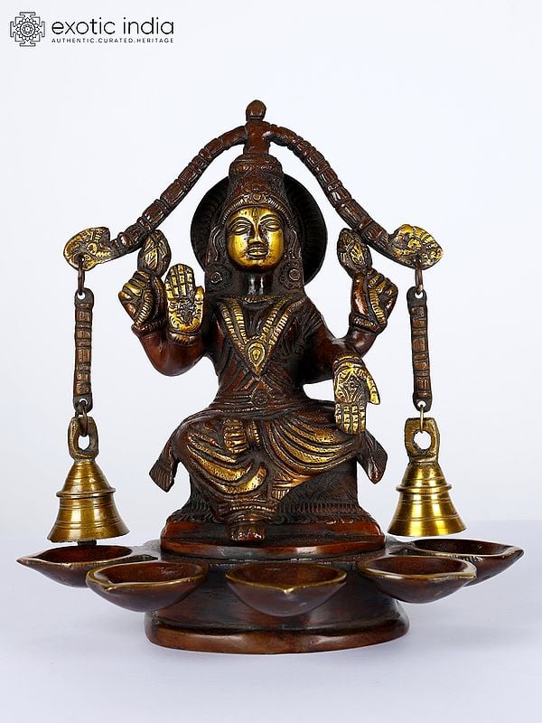 8" Brass Goddess Lakshmi Five Wicks Lamp with Bells