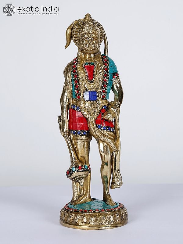 10" Standing Lord Hanuman | Brass Statue with Inlay Work