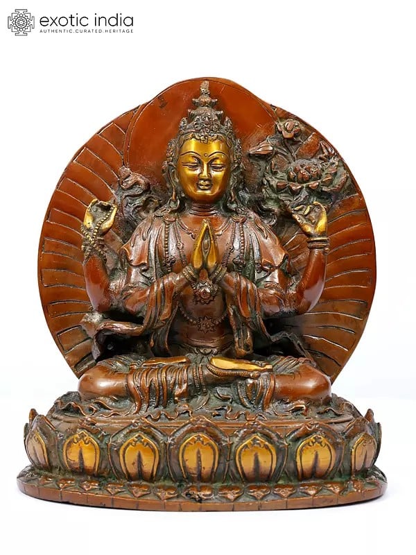 9" Tibetan Buddhist Deity -  Chenrezig (Four Armed Avalokiteshvara) | Brass Statue