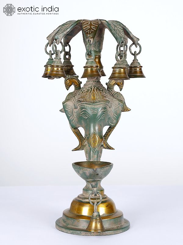 12" Brass Ganesha Lamp with Bells | Ritual Item