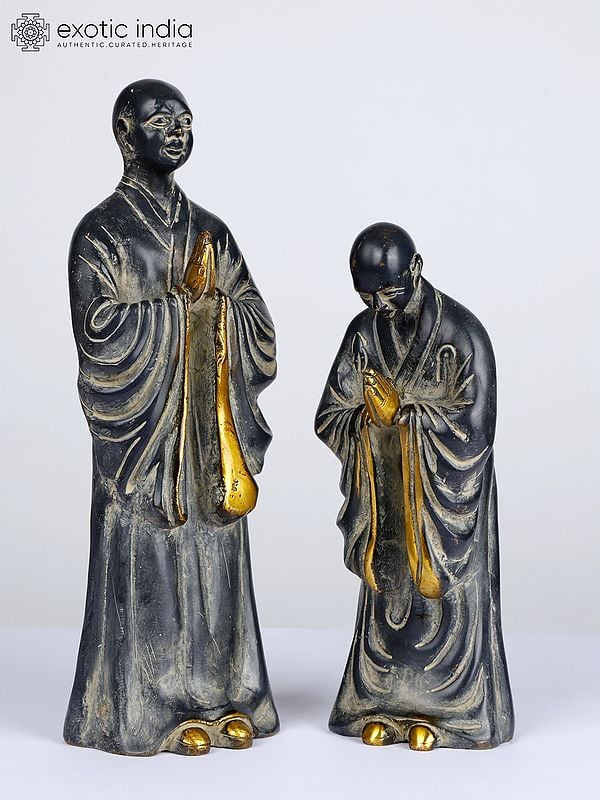 12" Pair of Monk Master and Bowing Disciple | Table Decor Brass Idols