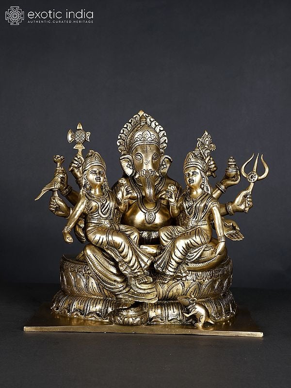13" Detailed Ganesha Statue with Riddhi Siddhi Seated on Lotus Flower | Brass Statue