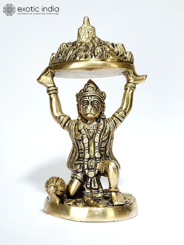 6" Lord Hanuman Holding Mountain of Sanjeevani Herbs | Brass Statue