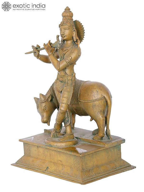 12" Lord Krishna Playing Flute with His Cow | Madhuchista Vidhana (Lost-Wax) | Panchaloha Bronze from Swamimalai