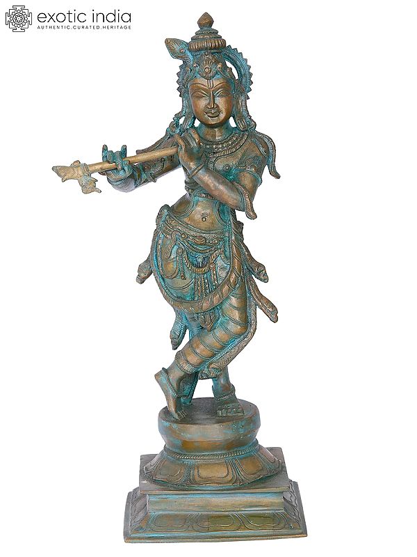 16'' Fluting Krishna Panchaloha Bronze Sculpture from Swamimalai | Madhuchista Vidhana (Lost-Wax)