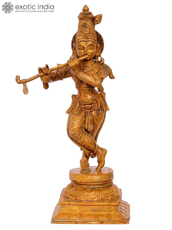 19'' Lord Fluting Krishna Bronze Figurine | Madhuchista Vidhana (Lost-Wax) | Panchaloha Bronze from Swamimalai