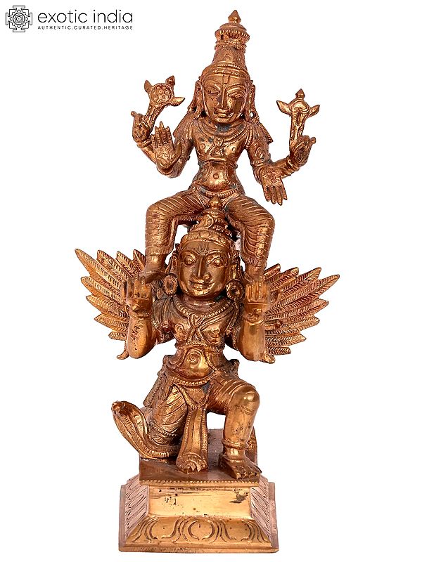 8'' Lord Vishnu Seated on Garuda | Madhuchista Vidhana (Lost-Wax) | Panchaloha Bronze from Swamimalai