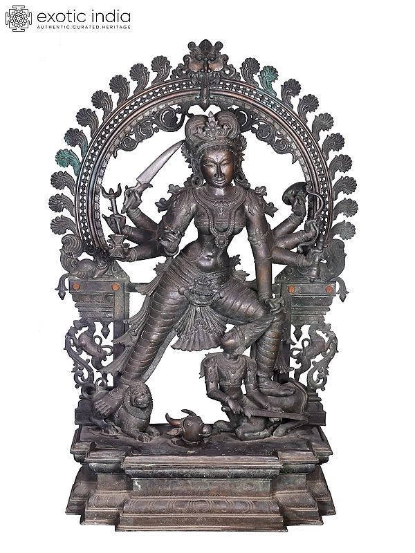 60'' Super Large Standing Mahishasur Mardini (Devi Durga) | Madhuchista Vidhana (Lost-Wax) | Panchaloha Bronze from Swamimalai (Shipped by Sea)