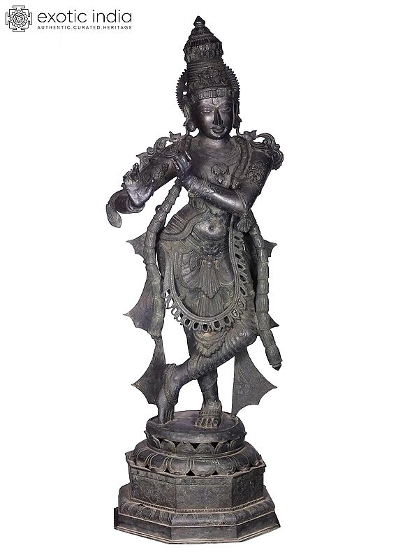 58'' Fluting Krishna | Madhuchista Vidhana (Lost-Wax) | Panchaloha Bronze from Swamimalai