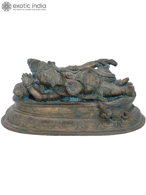 11" Reclining Lord Ganesha Bronze Statue | Madhuchista Vidhana (Lost-Wax) | Panchaloha Bronze from Swamimalai