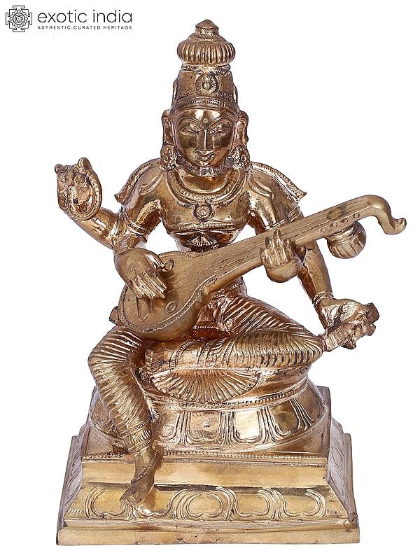 6" Sitting Goddess Saraswati Bronze Statue | Madhuchista Vidhana (Lost-Wax) | Panchaloha Bronze from Swamimalai