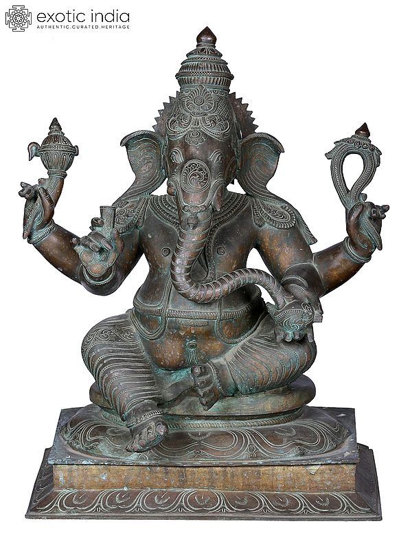 24'' Sitting Lord Ganesha Statue | Madhuchista Vidhana (Lost-Wax) | Panchaloha Bronze from Swamimalai