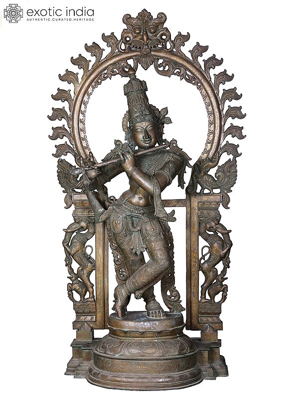 60'' Large Standing Lord Krishna Panchaloha Bronze Statue Playing Flute