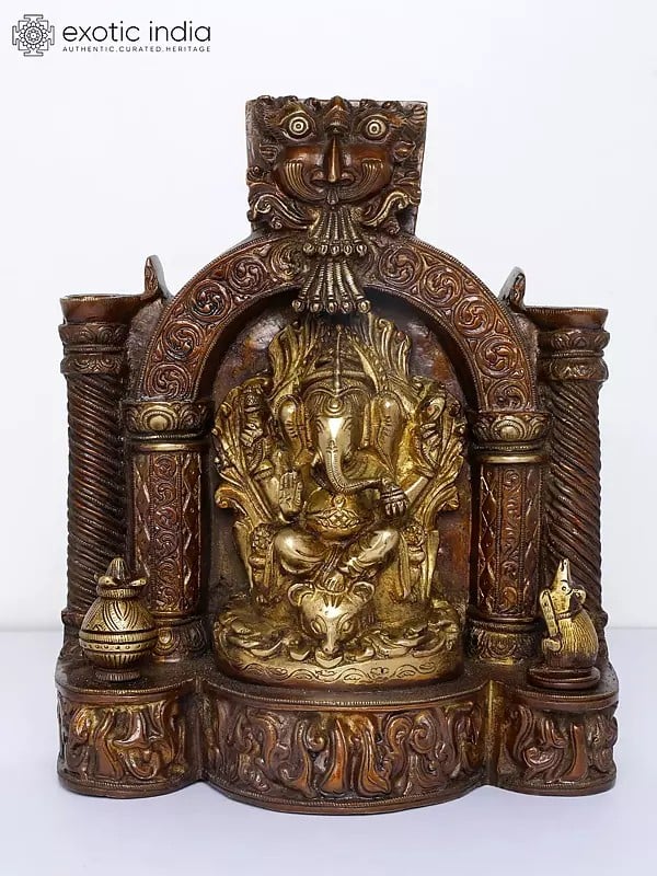 10" Temple Ganesha with Twin Lamps and Kirtimukha Atop | Brass Statue