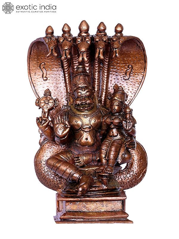 6" Bronze Narasimha Vatarara of Lord Vishnu with Devi Lakshmi Seated on Sheshnag Throne