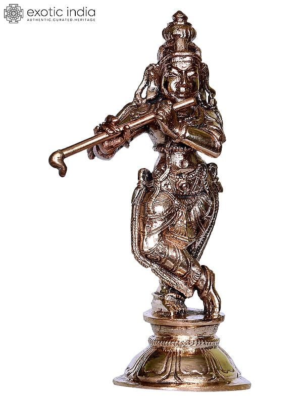 4'' Small Hindu God Shri Krishna Playing Flute | Bronze Statue