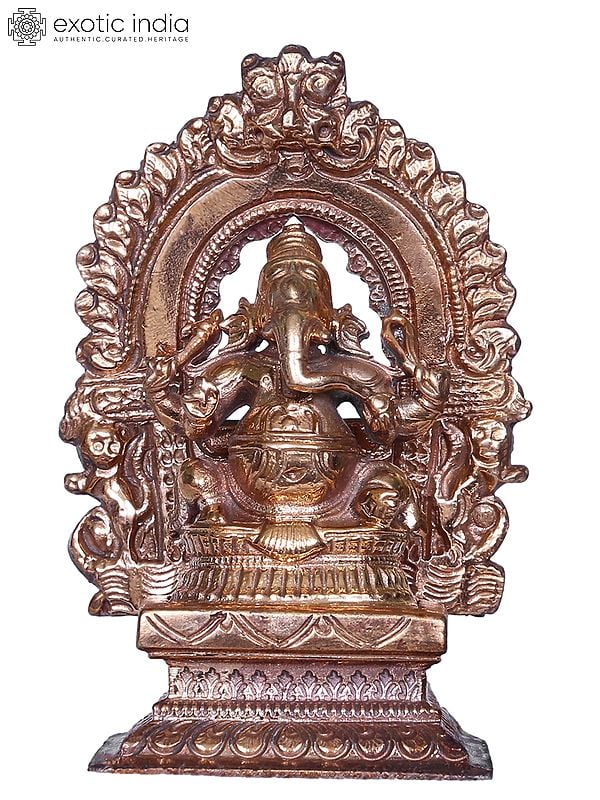 3'' Lord Ganesha Bronze Statue Seated on Pedestal with Arch