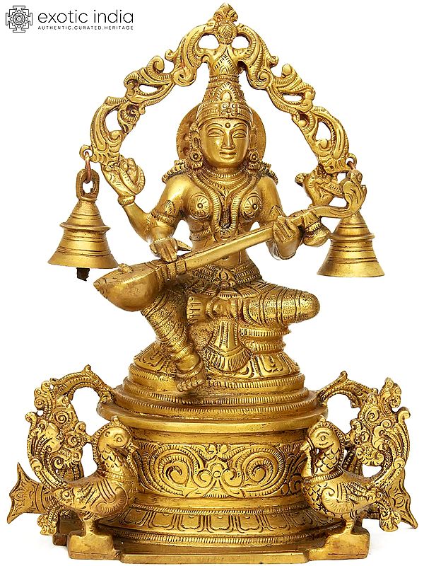 8" Goddess Saraswati Seated on High Pedestal with Hanging Bells In Brass | Handmade | Made In India