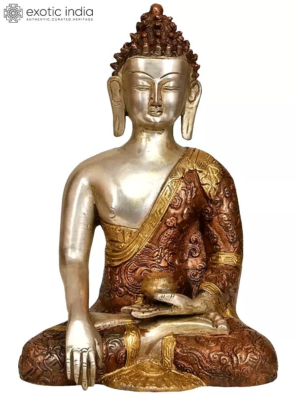 9" Brass Buddha Statue in Bhumisparsha Mudra (Robes Decorated with Dragons) | Handmade | Made in India
