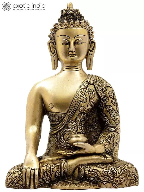 9" Brass Buddha Statue in Bhumisparsha Mudra (Robes Decorated with Dragons) | Handmade | Made in India