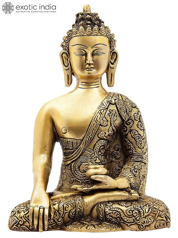 9" Brass Buddha Statue in Bhumisparsha Mudra (Robes Decorated with Dragons) | Handmade | Made in India