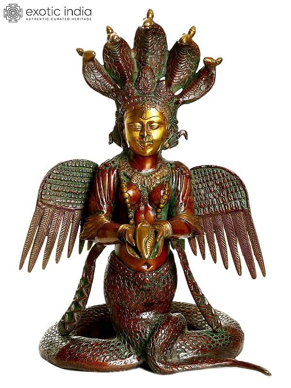 18" Naga-Kanya Brass Statue | Handmade Snake Woman Idol