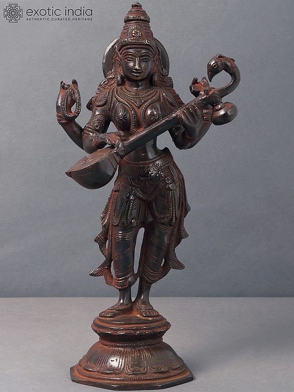 10" Standing Saraswati Brass Statue | Handmade | Made in India