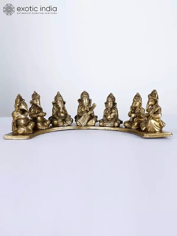 13" Seven Musical Ganesha on Common Base | Brass Statue