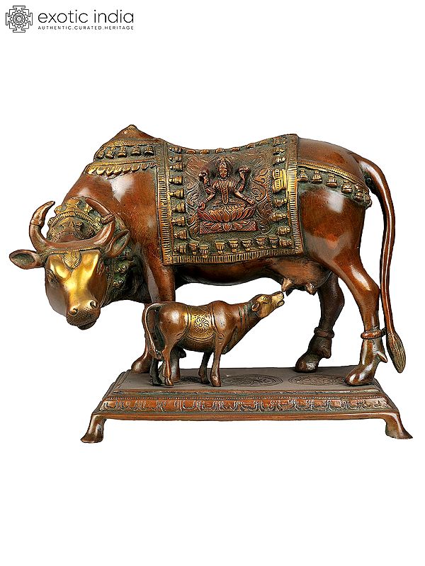 11" Brass Cow and Calf Figurines (Saddle Decorated with Goddess Lakshmi) | Handmade | Made in India