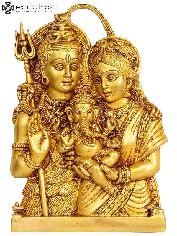 12" Baby Ganesha in the Lap of Shiva Parvati | Wall Hanging Brass Statue | Handmade